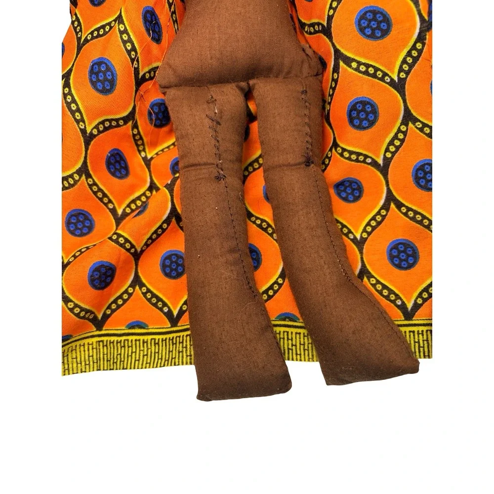 VTG Handmade African Folk Art Cloth Doll Orange Geometric Dress‎ Beaded Necklace